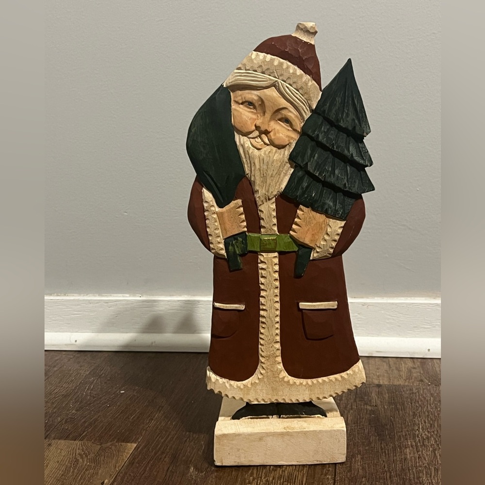 Primitive Christmas Carved Wood Folk Art Santa Claus Holding A Tree Figurine